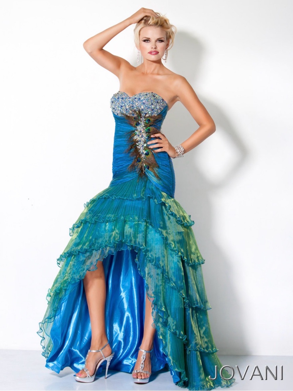 Jovani Teal and Green Strapless Mermaid High-Low Gown